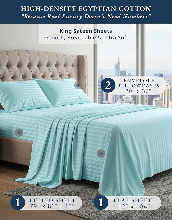 LANE LINEN 100% Egyptian Cotton King Size Deep Pocket Sheet Sets, Soft & Comfy No Pill Fade Resistant Natural Cooling Mercerized Cotton King Size Sheets Set 15" Deep Pocket Damask Stripe - Blue Sky