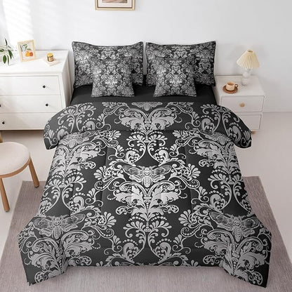 Erosebridal Gothic Damask Bed in a Bag Queen Comforter Set 7 Piece,Exotic Moth Bedding Sets Black White Victorian Floral Goth Sheet Set with Comforter