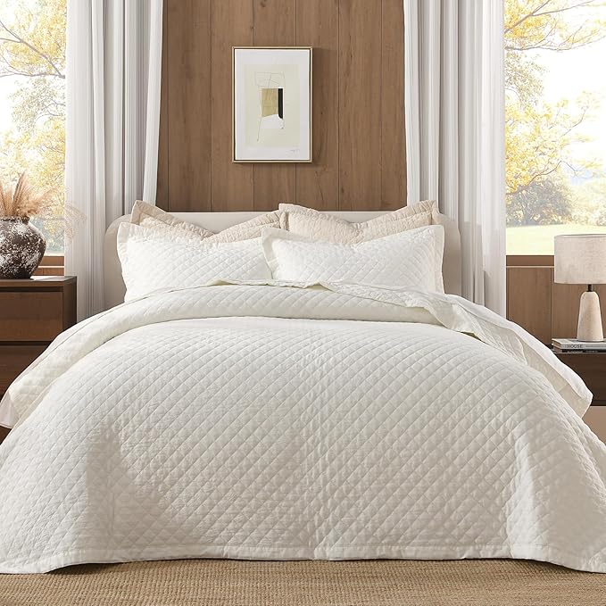 Grassix Linen Quilt Set King Size 3-Piece, 100% Linen Front & Cotton Back, Prewashed Diamond Stitch Bedspread with 2 Shams, Lightweight Breathable Quilt for Hot Sleepers, Modern Farmhouse Bedding