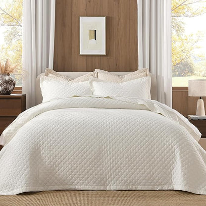 Grassix Linen Quilt Set King Size 3-Piece, 100% Linen Front & Cotton Back, Prewashed Diamond Stitch Bedspread with 2 Shams, Lightweight Breathable Quilt for Hot Sleepers, Modern Farmhouse Bedding