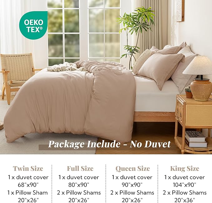 MILDLY Super Soft Duvet Cover - 100% Washed Microfiber Rugby Tan Comforter Cover Set 3 Pieces with Zipper Closure & Corner Ties (No Comforter)