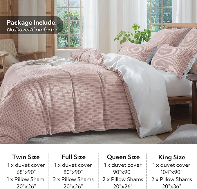 MILDLY Jacquard Stripe Duvet Cover - 100% Washed Cotton Pale Mauve Boho Textured Comforter Cover Set with Zipper Closure 80"x90"