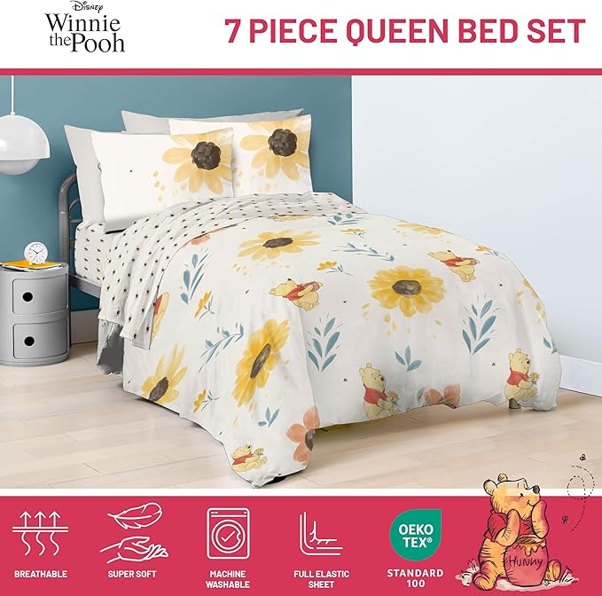 Jay Franco Disney Winnie The Pooh Queen Comforter Set - 7 Piece Bedding Includes Sheet Set & Pillow Covers - Super Soft Cozy Floral Bedding