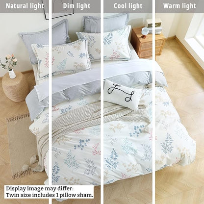 White Cotton Comforter Twin Size 2Pcs - Blue, Beige and Blush Botanicals Pattern on White, Gray Grid Back, Reversible Lightweight Bedding Sets with Soft Fill(1 Comfoter, 1 Pillowcase)