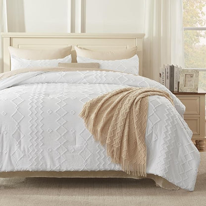 Andency White Full Size Comforter Set, 3 Pieces Boho Textured Fall Farmhouse Bed, Microfiber Geometric Comforter Bedding Set (79x90In Comforter & 2 Pillowcases)