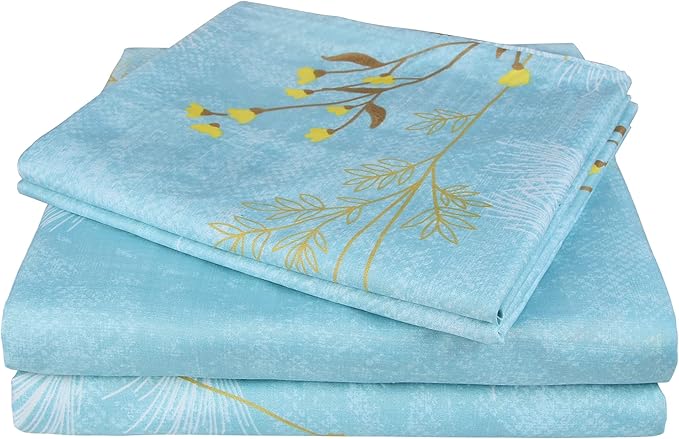 JSD Dandelion Floral Print Sheet Set Queen, 4 Piece Soft Botanical Microfiber Sheets Deep Pocket