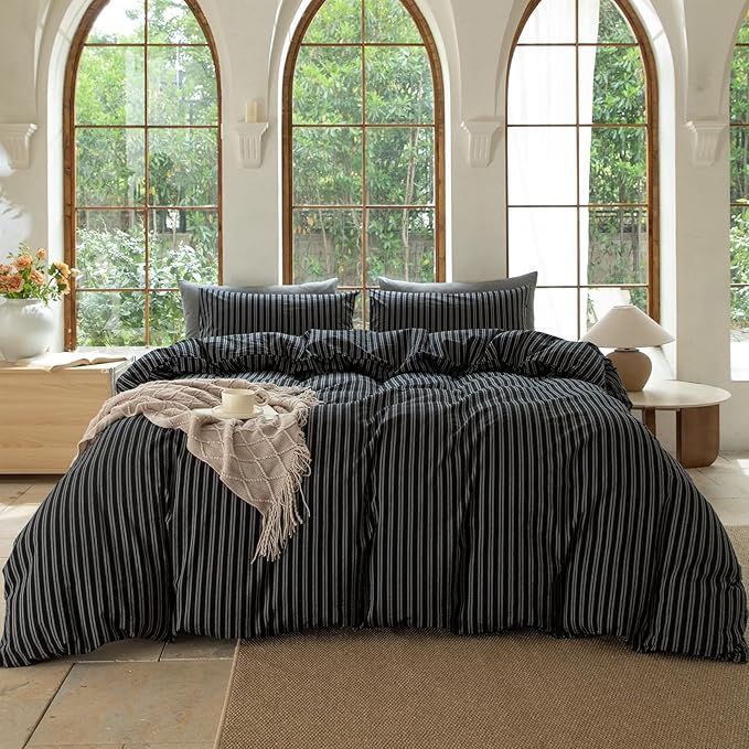 Striped Duvet Cover Set 100% Washed Cotton Linen Like Soft Feelling Breathable Bedding(Strip-Black/White,Queen)
