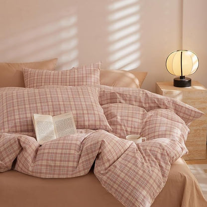 EAVD Modern Style Gingham Comforter Set Twin XL Fluffy Soft Pink Blue Grid Plaid Comforter Set with 2 Pillowcases Farmhouse Grid Checkered Gingham Bedding Set for All-Season
