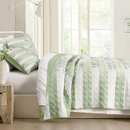 Wonderful Sage Green Patchwork Spring Quilt King - Real Stitched Cotton Velvet Microfiber Mixed Bedding - 3-Piece Piano Key Splicing Floral Bedspread - Lightweight Geometric Quilted Coverlet | Breathable Material, Soft Touch, Wrinkle-Resistant, Machine...
