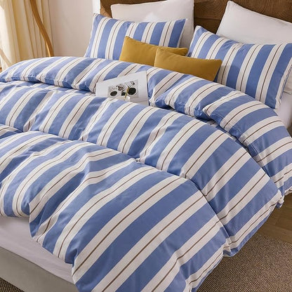 Merryword Blue and White Striped Duvet Cover Set King Size 100% Cotton Bedding Set with Modern Coastal Style Soft Breathable Linen Like Bedding Set 3 Pieces