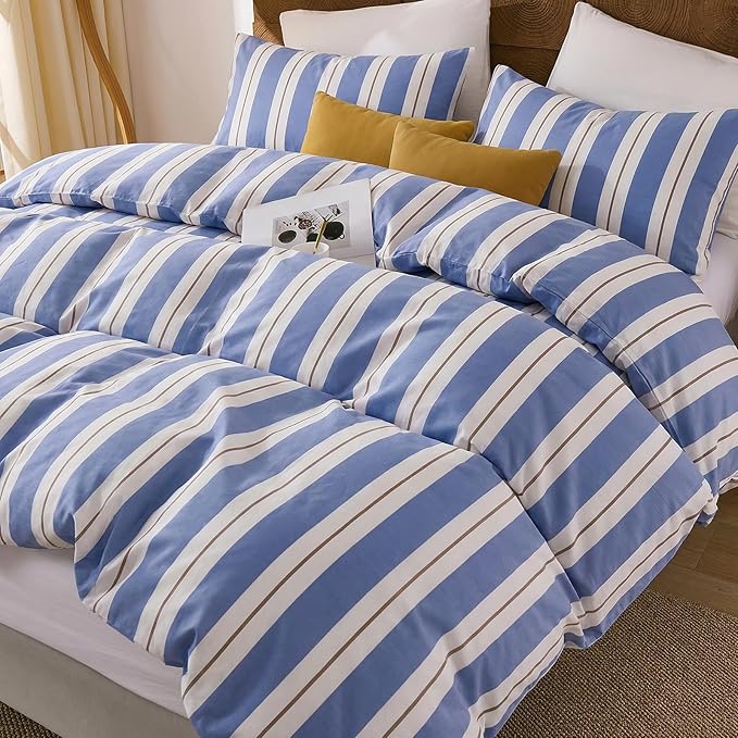 Merryword Blue and White Striped Duvet Cover Set Queen Size 100% Cotton Bedding Set with Modern Coastal Style Soft Breathable Linen Like Bedding Set 3 Pieces