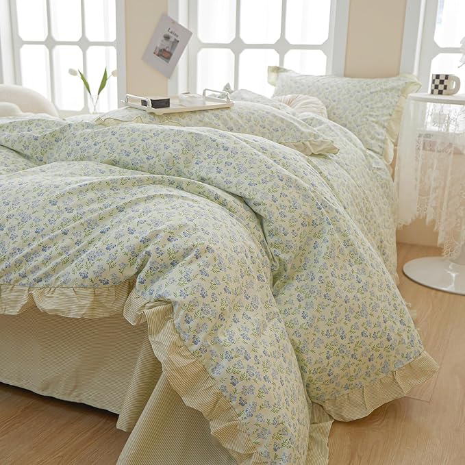 HighBuy Blue Floral Comforter Set Twin XL with Lace Edge Reversible Stripes Ruffled Comforter with 2 Lace Pillowcases Fluffy Coquette Cottagecore Botanical Bedding Comforter for Teen Girls