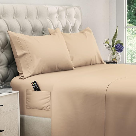 DREAMCARE Twin XL Sheets - 4 PCS Set - up to 21 inches - 2500 Supreme Collection - Superior Softness - Hotel Luxury Sheets & Pillowcases Set - Wrinkle and Fade Resistant (Twin XL, Beige)