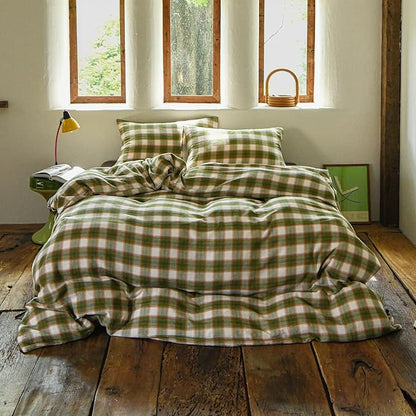 EAVD Vintage Style Gingham Duvet Cover Full Soft 100% Muslin Cotton Yarn-Dyed Textured Chic Pink&Green Grid Plaid Bedding Set with 2 Pillowcases British-Style Plaid Duvet Cover with Zipper