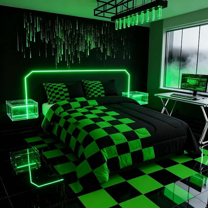 Geometric Plaid Kids Bedding Set Queen Size,Patchwork Grid Video Games Comforter Set，Simple Lattice Abstract Quilt Comforter,Black & Green Bedroom Duvet Insert,2 Pillowcases