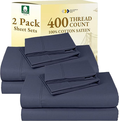 California Design Den 2-Pack Sheet Sets Queen Size - 400 Thread Count 100% Cotton Sateen - Soft and Breathable Sheets, 2 Sets of Deep Pocket Bed Sheets - Indigo Dusty Blue