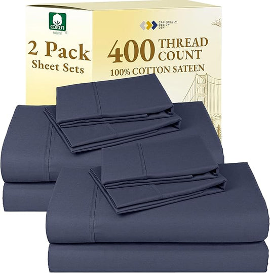 California Design Den 2-Pack Sheet Sets Queen Size - 400 Thread Count 100% Cotton Sateen - Soft and Breathable Sheets, 2 Sets of Deep Pocket Bed Sheets - Indigo Dusty Blue