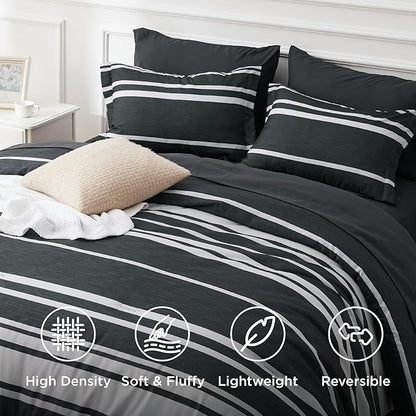 Bedsure Twin Comforter Set 5 Pieces, Black Striped Bedding Set for All Seasons, Reversible, Cationic Dyeing Bed in a Bag with Comforter, Sheets, Pillowcase & Sham
