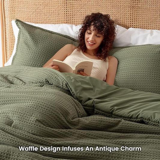 PHF Soft Waffle Comforter Set Queen Size- Comfy Breathable Waffle Weave Comforter with 2 Pillow Shams, 3 Pieces Less Snagging Lightweight Textured Bedding Set for All Season, Olive Green