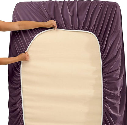 Hearth & Harbor Extra Deep Pocket Sheets - Fits Mattress 18-24 Inches Deep - Extra Deep Pocket Split King Size Sets - 7 Piece Split King Size - Eggplant