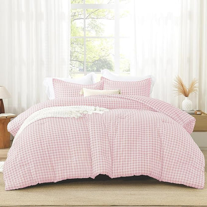 Andency Pink Gingham Comforter Set Queen(90x90Inch), Blush Checkered Grid Plaid Buffalo Bed Set for Girls Boys Kids Teens, 3 Pieces Lightweight Polyester Geometric Preppy Bedding