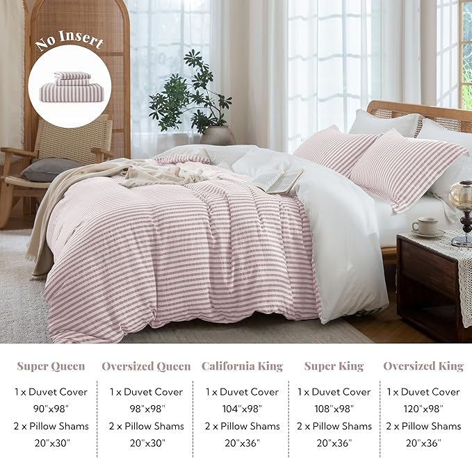 MILDLY Pale Mauve Striped Duvet Cover - 100% Washed Cotton Jacquard Textured Comforter Cover with Dual Zipper Closure & 8 Coner Ties
