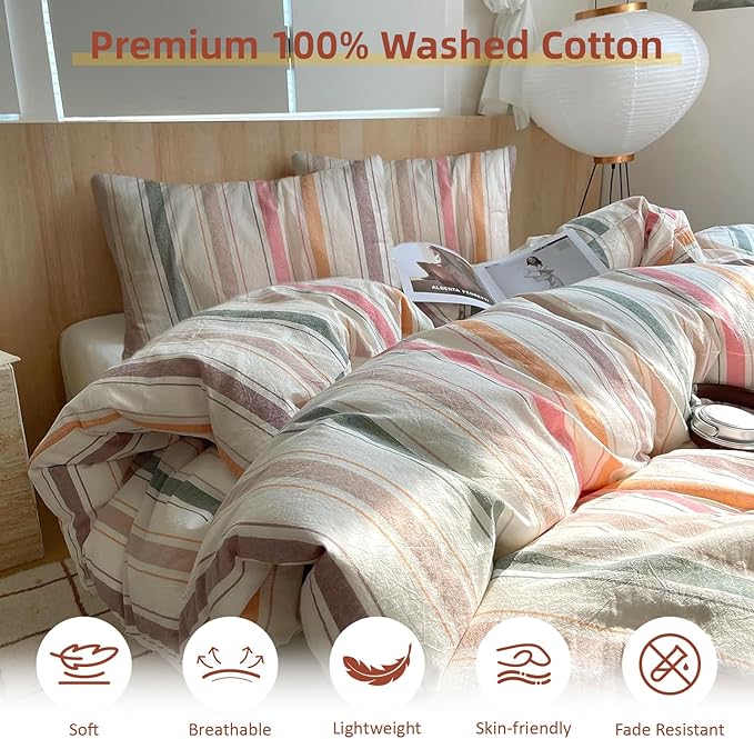 EAVD Retro Striped Duvet Cover Full Soft 100% Washed Cotton 3-Piece Vintage Multicolor Striped Pattern Bedding Set with 2 Pillowcases Reversible Geometric Pattern Duvet Cover with Zipper Closure