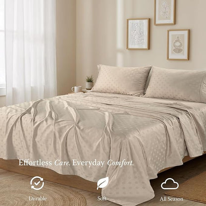 Threadmill Cotton Twin XL Sheet Set | 100% Cotton Sheets for Twin XL Size Bed | Damask Jacquard Sateen Twin XL Bed Sheets Set with 16” Deep Pocket | Soft Breathable 3-Piece Cooling Sheet Set | Beige