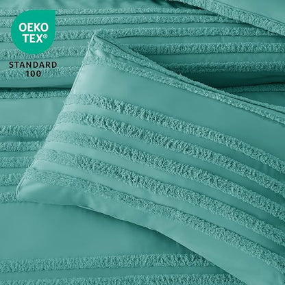 BEDELITE Boho Twin/Twin XL Comforter Set，Aqua Tufted Striped Bed Set 2 Pieces, Soft Vintage Farmhouse Comforter for College, Boho Home Dorm Decor, Fluffy Jacquard Bedding with 1 Pillow Sham