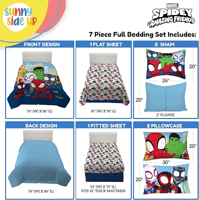 Sunny Side Up Marvel Spidey & His Amazing Friends Full Comforter Set - 7 Piece Kids Bedding Includes Comforter, Sheets & Pillow Cover - Super Soft Superheroes Microfiber Bed Set