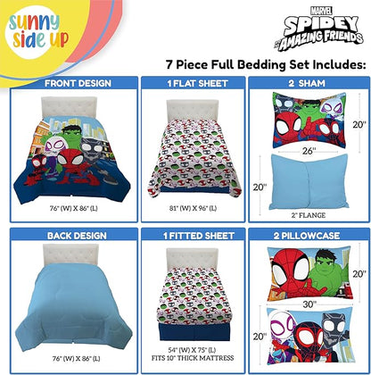 Sunny Side Up Marvel Spidey & His Amazing Friends Full Comforter Set - 7 Piece Kids Bedding Includes Comforter, Sheets & Pillow Cover - Super Soft Superheroes Microfiber Bed Set