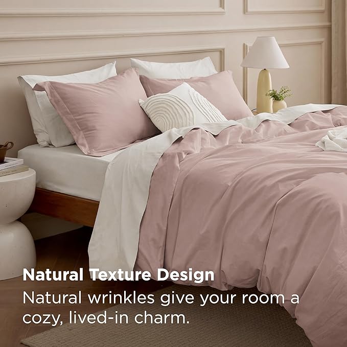 Bedsure 100% Washed Cotton Duvet Cover Full Size - Petal Pink Minimalist Bedding Set Linen Like - PureWoven Plain Simple & Soft Comforter Cover for All Seasons (Petal Pink, Full, 80"x90")