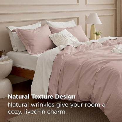 Bedsure 100% Washed Cotton Duvet Cover Full Size - Petal Pink Minimalist Bedding Set Linen Like - PureWoven Plain Simple & Soft Comforter Cover for All Seasons (Petal Pink, Full, 80"x90")