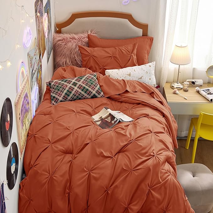 Bedsure Twin XL Comforter Set - Extra Long 5 Pieces Dorm Bedding Sets, GentleSoft™ Pinch Pleat Burnt Orange Bed in a Bag with Pintuck Comforter, Sheets, Pillowcase & Sham