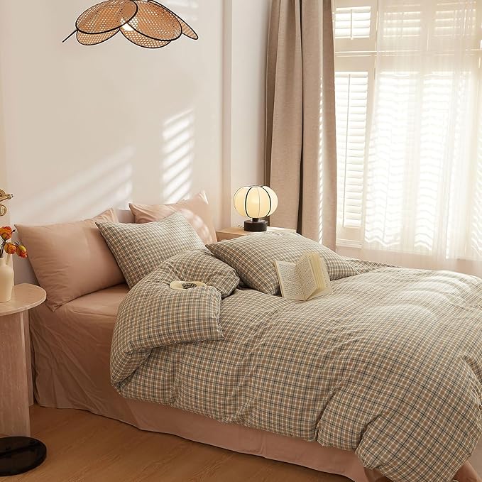 EAVD Retro Grid Plaid Gingham Duvet Cover Full Soft 100% Washed Cotton Like Linen Feel Soft 3-Piece Khaki Brown Grid Checkered Bedding Set Vintage Plaid Duvet Cover with Zipper Closure