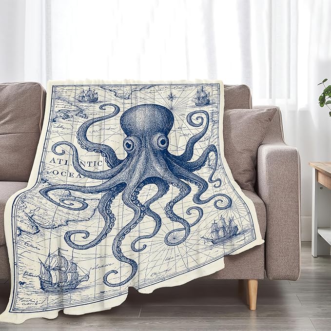 Nautical Octopus Blanket Super Soft Warm Fluffy Fleece Flannel Sea Animal Throw Blanket Cozy Fuzzy Plush Stuff Bedding Sealife Blankets Gifts for Women Kids Boys Girls Adults 80"X60"