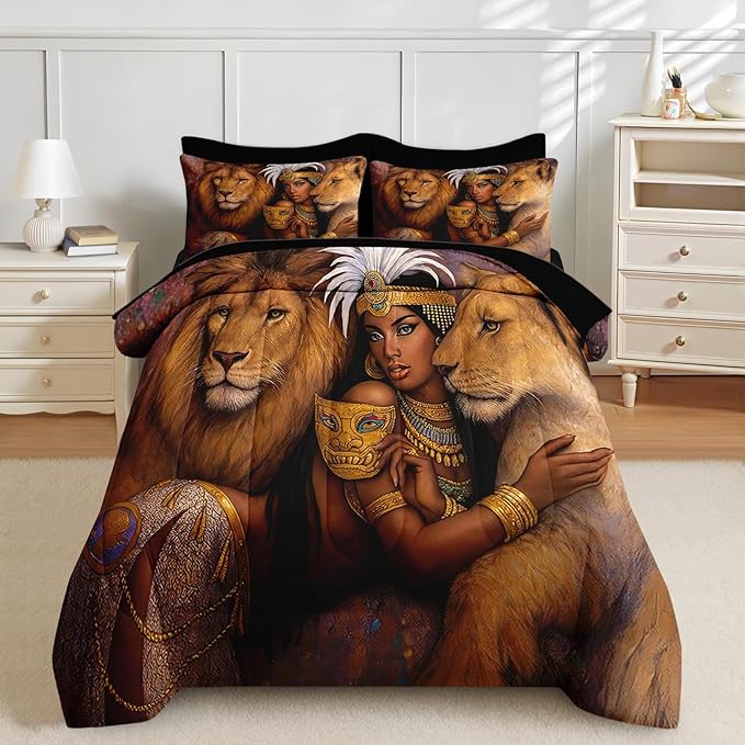 Nesker Comforter Set Twin Size, Regal Lions Queen Woman 5 Pcs Bedding for Kids and Adults, African Wildlife Brown Bed Sheet Sets with Fitted Sheet Pillowcase & Sham