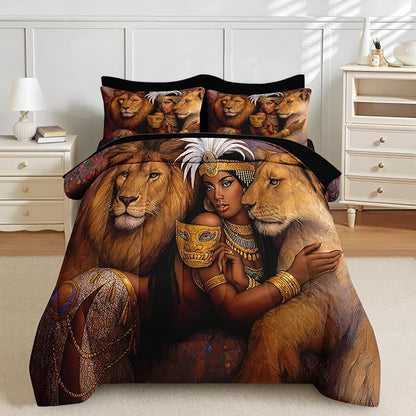 Nesker Comforter Set Twin Size, Regal Lions Queen Woman 5 Pcs Bedding for Kids and Adults, African Wildlife Brown Bed Sheet Sets with Fitted Sheet Pillowcase & Sham