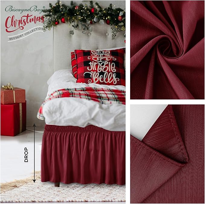 Biscaynebay Wrap Around Bed Skirts for King & Cal King Beds Short Drop of 12", Burgundy Adjustable Elastic Dust Ruffles Easy Fit Wrinkle Resistant Silky Luxurious Fabric Machine Washable
