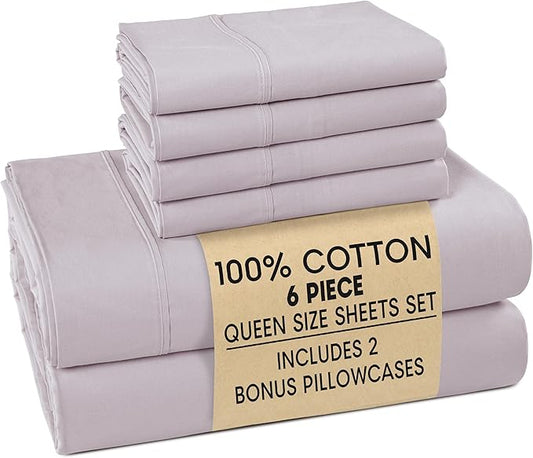 Casa Platino 100% Cotton Queen Size Sheets – Crisp Percale Sheets Queen with 4 Pillowcases, with 15" Deep Pocket Sheet for Secure Fit, Ultra Soft & Cozy, Excellent Quality & Fit – Grey Lavender