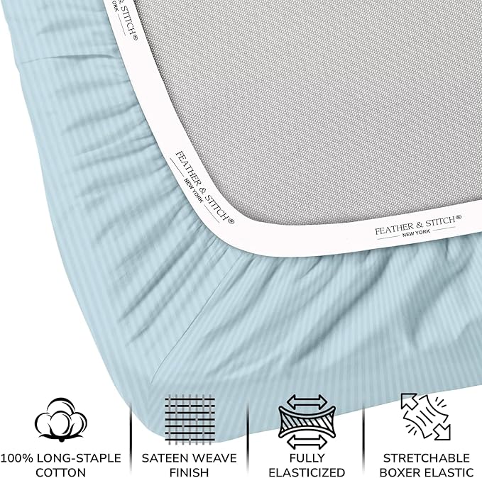 Feather & Stitch 500 TC California King Size Bed Sheet Set, 100% Cotton Soft Breathable Bedsheets, 4 Piece 18" Deep Pockets Sateen Weave Striped Bedding Mattress Resort Hotel Luxury- (Aqua Stripe)