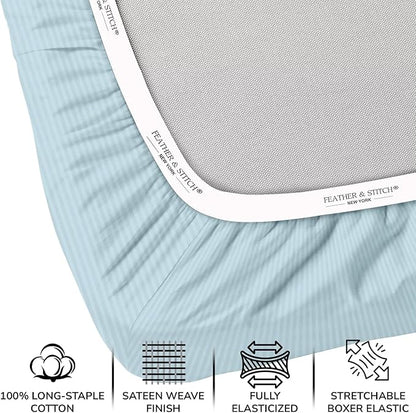 Feather & Stitch 500 TC California King Size Bed Sheet Set, 100% Cotton Soft Breathable Bedsheets, 4 Piece 18" Deep Pockets Sateen Weave Striped Bedding Mattress Resort Hotel Luxury- (Aqua Stripe)