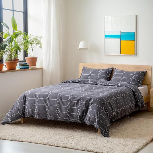 TOCOMOA Plaid Duvet Cover Set 100% Natural Cotton Soft Comfy Breathable 3 Piece Grey and White Pattern Printed Comforter Cover Bedding Set (King 104"x90", Comforter Not Included)