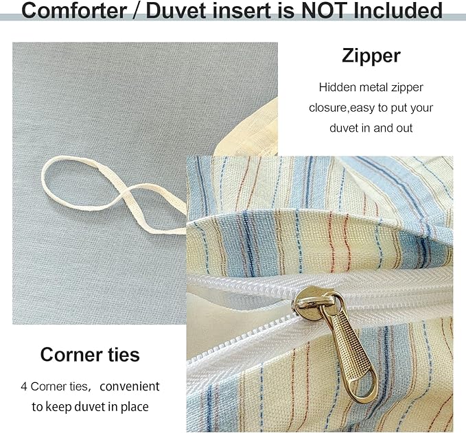 EAVD Vintage Striped Duvet Cover King Soft 100% Muslin Cotton Linen Feel Gauze Farmhouse Blue Vertical Striped Pattern Bedding Set for Men Women Reversible Geometric Duvet Cover with Zipper Closure
