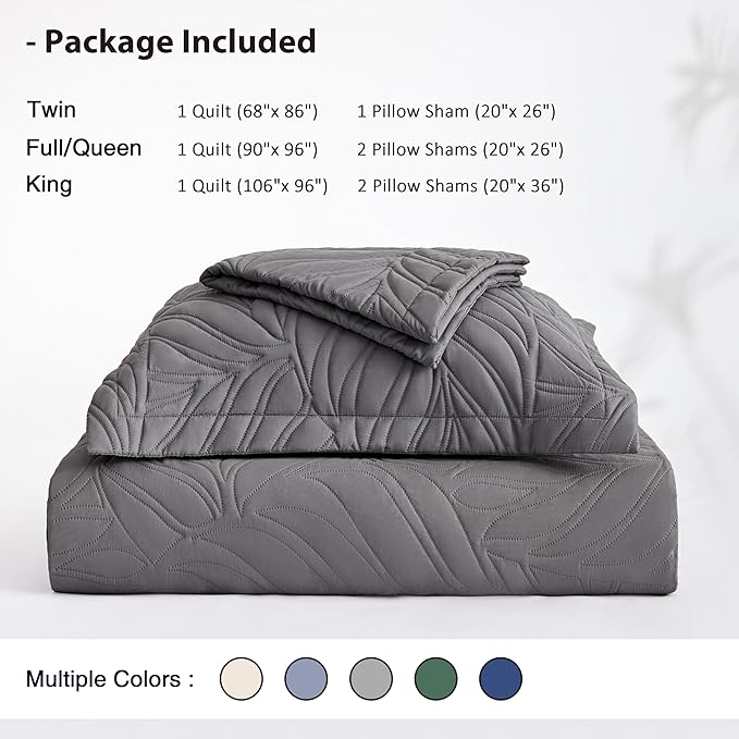 EXQ Home Quilt Set Full Queen Size Grey 3 Piece,Lightweight Soft Coverlet Modern Style Leaf Pattern Bedspread Set(1 Quilt,2 Pillow Shams)