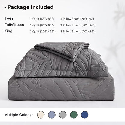 EXQ Home Quilt Set Full Queen Size Grey 3 Piece,Lightweight Soft Coverlet Modern Style Leaf Pattern Bedspread Set(1 Quilt,2 Pillow Shams)