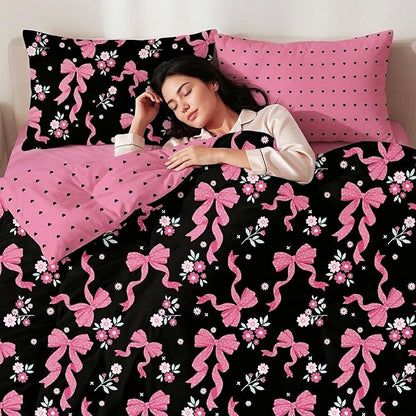Black Pink Bow Comforter Set King Size, 3 Pcs Pink Ribbon Bowknot Reversible Comforter Love Heart Soft Microfiber Bedding Set with 2 Pillowcases, 104"x90"