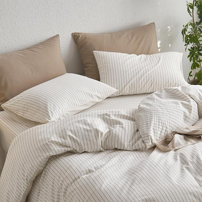 MooMee Bedding Pillowcases Striped Pack of 2 100% Washed Cotton Linen Like Textured Breathable Durable Soft Comfy (White Tannish Linen Grey Wide Stripes, Queen)