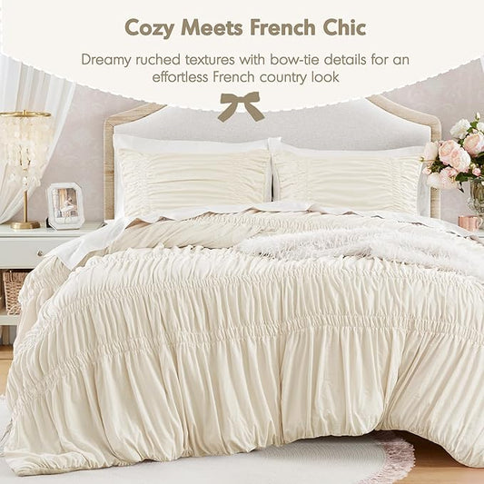 Intelligent Design Ruched Shabby Chic Comforters for Queen Size Bed, All Season Lightweight Comforter Queen, French Country Bedding Set, Sham, Ella, Full/Queen, Ivory, 3 Piece