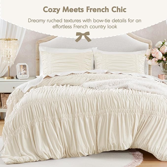 Intelligent Design Ruched Shabby Chic Comforters for King Size Bed, All Season Lightweight Comforter King, French Country Bedding Set, Sham, Ella, King/Cal King, Ivory, 3 Piece